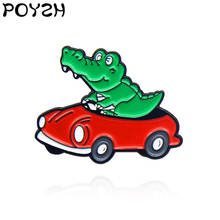 Animais dos desenhos animados crocodilo condução esmalte broche verde bebê crocodilo vermelho carro lapela pino criativo diversão saco jaquetas crachá presentes 2024 - compre barato