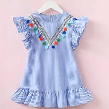 Vestido de meninas verão vestido borlas mangas voadoras listradas roupas femininas para festa de crianças camisa de princesa 2024 - compre barato
