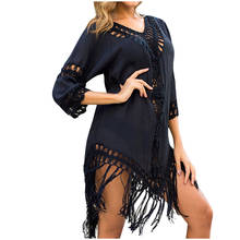 Ladies Cover Up Sexy Hollow Out Solid Swimwear Cover-Ups Loose V Neck Tassel Bikini Cover Up Casual Beach Dress Bathing Suit 2024 - buy cheap