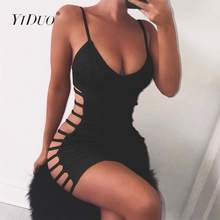 Сексуальное мини-платье YiDuo на тонких бретельках с вырезами, Клубное облегающее платье с V-образным вырезом, женские блестящие тканевые черные вечерние платья 2019 2024 - купить недорого