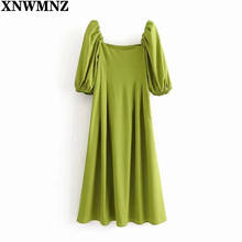 XNWMNZ Women Green Fashion Pleated Dress Puff Short Sleeve Ladies Dresses Square Collar midi Summer Dress Sundress Robe Mujer 2024 - buy cheap