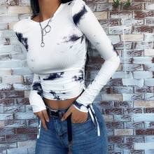 Spring Print Ribbed Long Sleeve Women's T-shirt 2021 Sexy Bandage Drawstring Female Crop Tops Summer Streetwear Ladies Clothes 2024 - compre barato