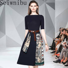 Seiwnibu/качественное дизайнерское Женское зимнее платье с длинным рукавом, модное вязаное платье-свитер в стиле пэчворк, винтажное Плиссированное Платье с принтом 2024 - купить недорого