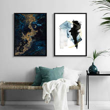 Абстрактный акварельный холст, синий и черный настенный художественный принт с золотыми линиями, современная картина для гостиной на стене, домашний декор 2024 - купить недорого