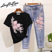 Spring Summer Set Korean Style Embroidery Flower Short Sleeve T-shirt Tops Holes Denim Jeans Pants Suit Women Outfits 2pcs 2024 - buy cheap