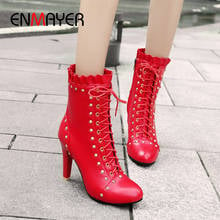 ENMAYER Rivet Boots for Women Round Toe Thin Heels PU Motorcycle Boots Super High Solid Fleeces Winter  White Boots Red 2024 - buy cheap