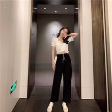2020 Summer New Suit White Drawstring Short Sleeve + Black Wide-leg Pants Fashion Two-piece Female 2024 - buy cheap