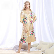 Летние пикантные атласные шелковые халаты размера плюс кимоно для женщин Цветочный принт Домашняя одежда женский длинный банный халат кимоно халат 2024 - купить недорого