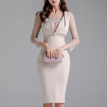 Office Lady Sheath Pencil Dress Women Pink Dresses Lace Patchwork Long Sleeve Knee-leng Slim Vestidos 2024 - buy cheap