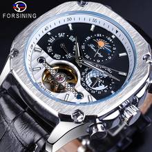 Forsining Mens Watch Machanical Casual Male Wristwatch Black Leather Belt Silver Case Moon Phase Week Calendar Display Man Clock 2024 - buy cheap