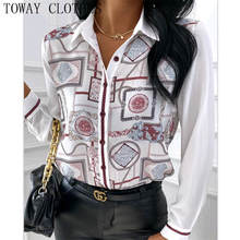 Women Turn-down Collar Satin Button Front Scarf Print Long Sleeve Shirt 2024 - buy cheap