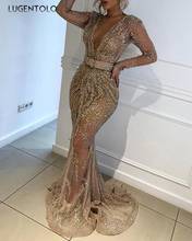 Lugentolo Party Dress Women Sequin Sexy Dresses V-neck Long Sleeve Banquet Slim Ladies Dinner Gold Solid Mesh Maxi Dress 2024 - buy cheap