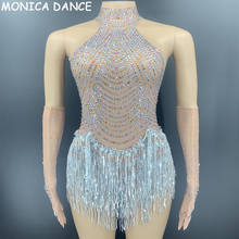 Women Sparkly Rhinestone Fringe Transparent Tassel Bodysuit Women Dance Show Leotard Celebrate Outfit Prom Bar Birthday Bodysuit 2024 - buy cheap