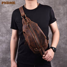 PNDME high quality crazy horse leather men's chest bag retro outdoor casual handmade genuine leather sports phong messenger bags 2024 - buy cheap