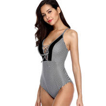 Bañador de una pieza para mujer, traje de baño Sexy a rayas con cuello de pico profundo, Monokini 2024 - compra barato