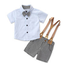 2021 0-4Y Gentleman Toddler Baby Boy Clothing Bow Short Sleeve Solid Shirt Top+Plaid Shorts Suspender Pants Kids School 2pcs 2024 - buy cheap