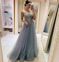Evening Dress Gray 2020 Floor Length Lace Appliques A-Line Tulle Crystal Beading Pleat For Women Special Occasion Gorgeous 2024 - buy cheap