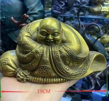 19CM Chinese Buddhism Brass Seat Happy Laugh Maitreya Buddha Bag Statue Sculpture 2024 - buy cheap