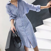 Heydress 2019 Autumn Women botton Dresses office lady Long Sleeve Blue Striped Holiday Beach Shirt Dress female elegant vestidos 2024 - buy cheap