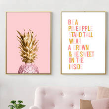 Pintura de tela de abacaxi dourado rosa pássaro, citações, posteres e impressões nórdicas, imagens de parede de frutas, decoração da sala de estar 2024 - compre barato