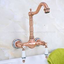 Antique Red Copper Dual Handles Bathroom Kitchen Sink Faucets Wall Mounted Swivel Spout Two Holes Kitchen Mixer Taps znf954 2024 - buy cheap