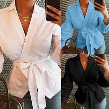 Women Spring V-neck Long Sleeve Bandage Blouses and Shirts Lantern Sleeve Solid Tops Plus Size Blusas 2024 - buy cheap
