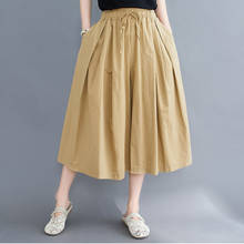 Plus Size Women Wide Legs Pants Soft Linen Summer Loose Trousers Elastic Waist Woman Khaki Capris Calf-Length Pants 2024 - buy cheap