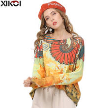 Xikoi camisola feminina estampada retrô, pulôveres de malha gola redonda, suéter feminino grande com altas elasticidades 2024 - compre barato