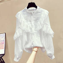 Ruffles White Women Shirts Summer New O-Neck Long-Sleeved Loose Office Lady Elegant Outwear Tops 2024 - buy cheap