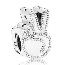 Genuine 925 Sterling Silver Bead Charm Textural Beaded The Victory Hand Symbol Of Peace Beads Fit Pandora Bracelet & Necklace J 2024 - buy cheap