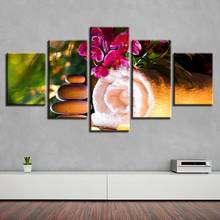 Desfalque 5 peças hd impressão quadros em tela para sala de estar rosa flor e pedra spa arte da parede posters decoração casa fotos 2024 - compre barato