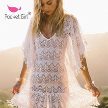 Pocket girl 2020 novo laço branco capa ups borla roupa de banho verão sexy biquíni pareo beachwear feminino vestido de banho cobrir 2024 - compre barato