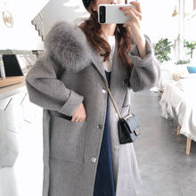 Marca famosa de alta qualidade casaco de lã de inverno solto coreano longo jaqueta feminina único breasted natural real gola de pele de raposa casaco 2024 - compre barato