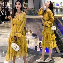 2021 vintage amarelo floral chiffon midi vestidos primavera outono plus size vestido de manga comprida elegante feminino bodycon festa vestidos 2024 - compre barato