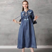 Teelmundial vestido de túnica jeans boho, vestido longo de algodão bordado floral de outono vestido solto para mulheres 2024 - compre barato