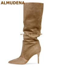 ALMUDENA Suede Leather Pleated Knee Boots Stiletto Heels Pointed Toe Tall Boots Fall Slouch Gladiator Dress Shoes Size46 Pumps 2024 - buy cheap