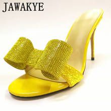 Zapatillas de tacón alto con lazo de diamantes de imitación para mujer, sandalias de verano con diamantes de cristal, zapatos de diseñador de pasarela, toboganes dorados 2024 - compra barato
