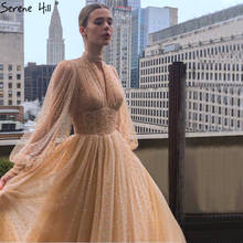Gold Crystal High Neck Sexy Evening Dresses 2021 Long Sleeves A-Line Tulle Formal Dress Design Serene Hill LA70512 2024 - buy cheap