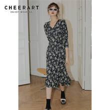 CHEERART Black Rose Print Vintage Dress Women Autumn 2020 V Neck Floral Ladies Bodycon Long Classy Dress Korean Fashion Clothing 2024 - buy cheap