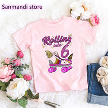 New Arrival 2021 Pink Tshirt Tops For Girls Kids Clothes Rolling Into 7th Birthday Unicorn Roller Skate Party T Shirt Streetwear 2024 - buy cheap