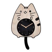 Reloj de pared de madera de dibujos animados para sala de estar, Relojes de pared oscilantes silenciosos y creativos de vidrio modernos para niños y gatos, regalo Duvar Saati FZ915 2024 - compra barato