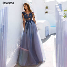 Booma-Vestidos de Fiesta azules con cuello transparente, manga larga, apliques de encaje, vestidos de noche con abertura en la espalda, vestidos formales de corte en A 2024 - compra barato