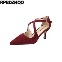 Sapatos de camurça salto alto fino, stiletto tamanhos 33, calçados femininos da moda, alça cruzada 4 34, bico ponteagudo, vinho vermelho, 2021 2024 - compre barato