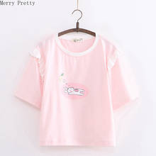 Pink Cartoon Rabbit Print Ruffles T Shirts Female Cotton T-shirt Women Sweet Style Short Sleeve O-neck Summer Harajuku Tops Tees 2024 - buy cheap
