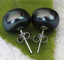 ry00595 Genuine Cultured Freshwater 7~8 mm Black Pearl Earrings Silver A0422 2024 - buy cheap