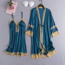 Women Nighty&Robe Set Sexy Lace Trim Sleepwear Suit Nightgown Knee-Length Kimono Gown Silky Satin Loose Home Clothes Nightdress 2024 - buy cheap