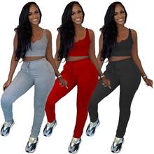 New 2021 Summer Women Two Piece Set Solid Color V Neck Crop Tank Tops Casual Stacked Legging Pants Fashion Sports Tracksuits 2024 - buy cheap