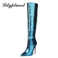 European and American fashion boots pointed toe stiletto heel blue back zipper long tube women's boots winter thigh high boots 2024 - buy cheap