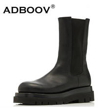 ADBOOV-Botas de piel de búfalo para mujer, Botines Chelsea de media pantorrilla, con plataforma, color negro 2024 - compra barato