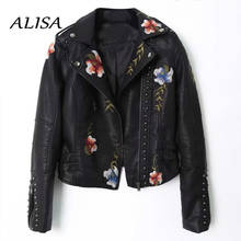 Vintage Women Floral Embroidery Leather Jacket Spring Autumn Zipper Rivet Biker Short Coat Ladies Black Motorcycle Pu Outwear 2024 - buy cheap